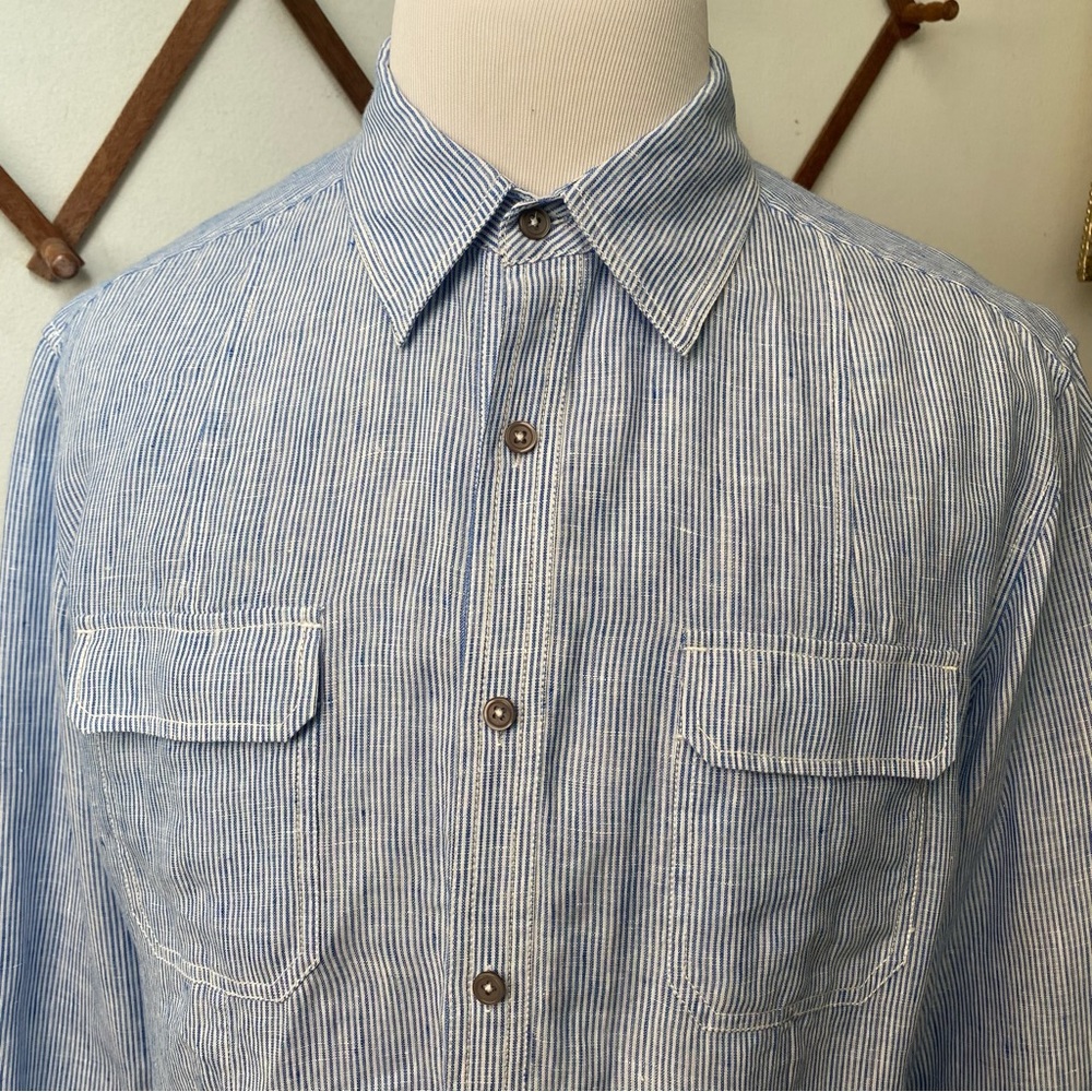 Elie Tahari Linen Pinstriped Button Up Shirt With Pockets - Picture 2 of 16